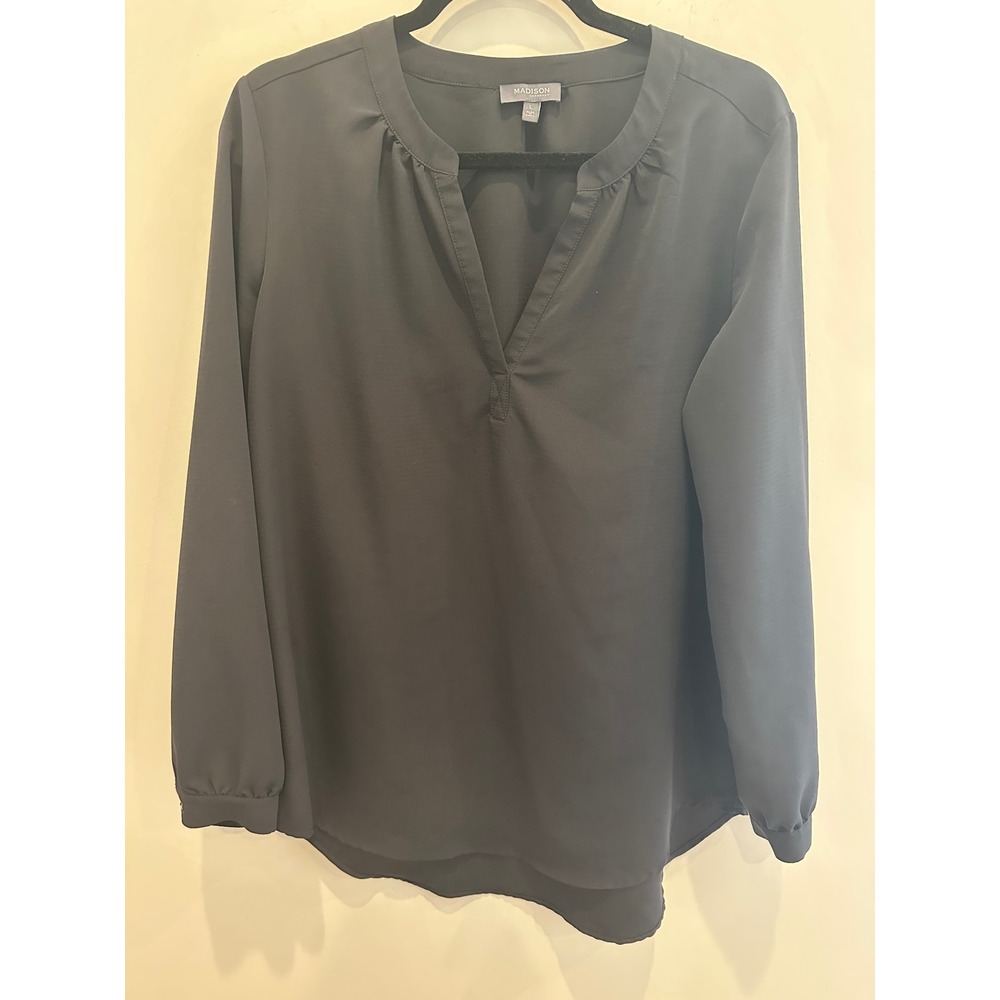 Madison Womens Black V-Neck Long Sleeve Blouse Top Size L Classic corporate